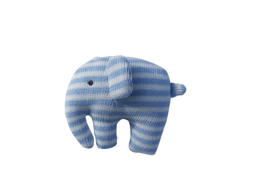 Knitted Elephant Rattle – Blue Stripe