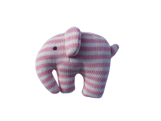 Knitted Elephant Rattle – Pink Stripe