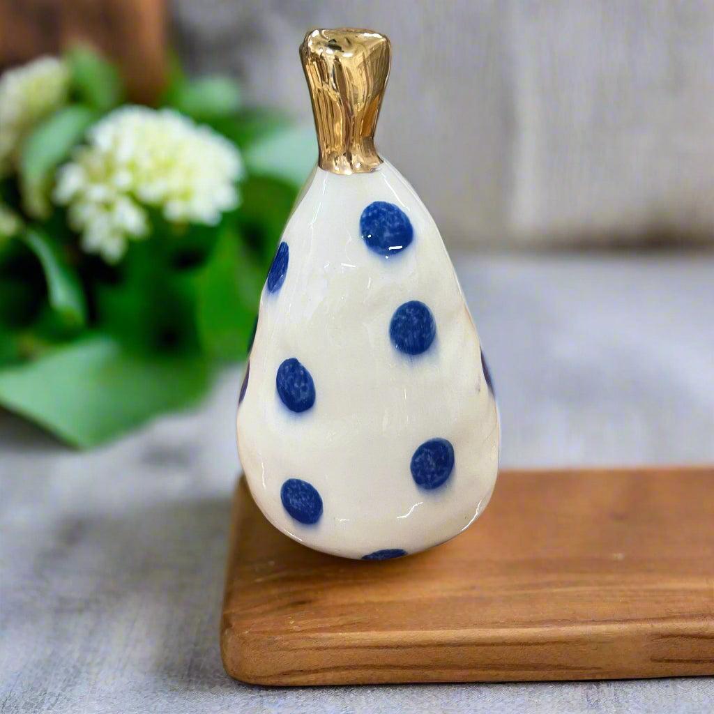Large Ceramic Pear with Golden Stalk - Blue Smudged Spot