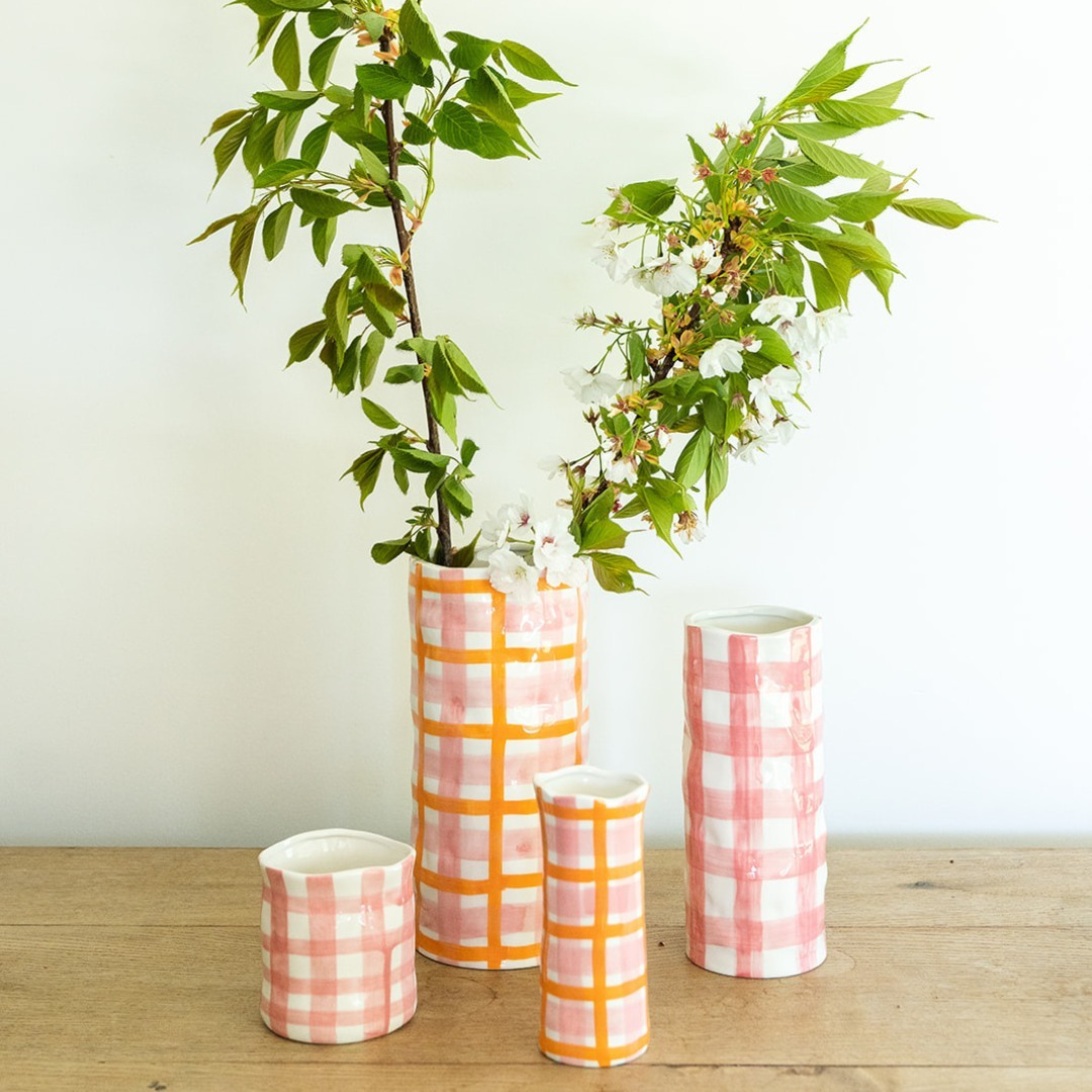 Large Gingham Vase – Pink & Orange