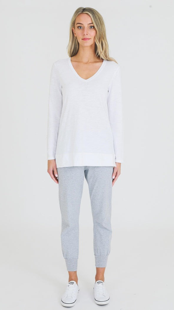Leah V Neck Long Sleeve T Shirt - White