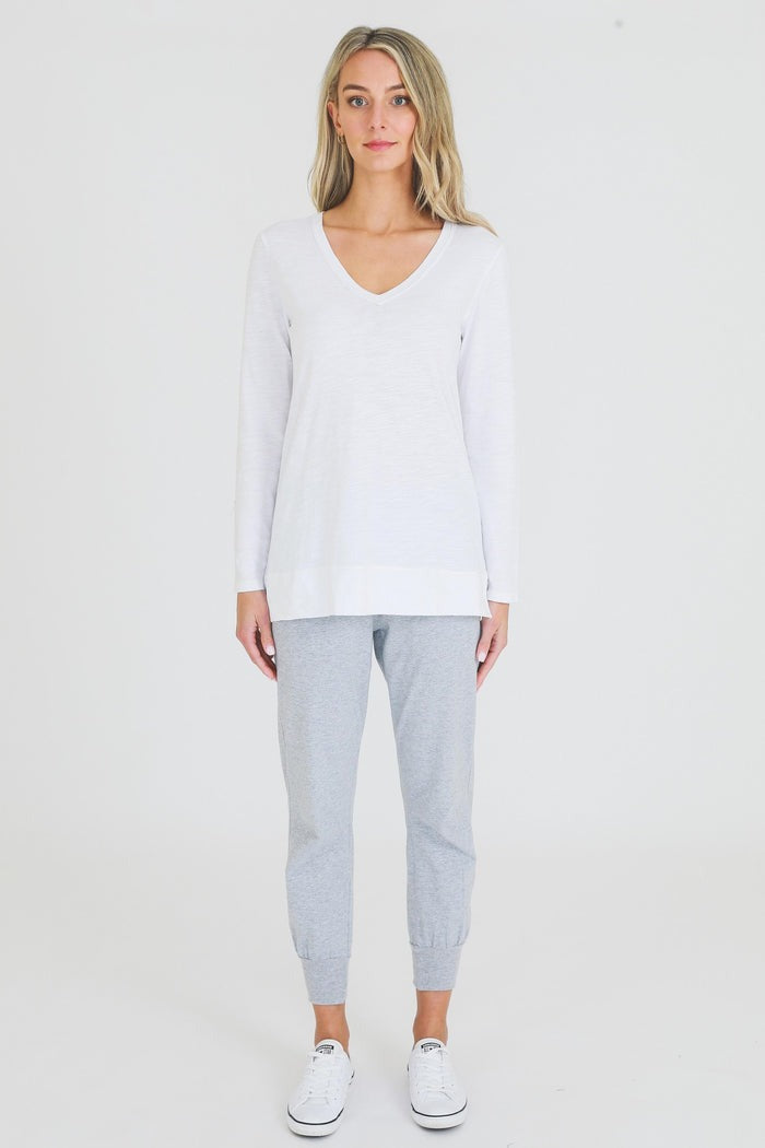Leah V Neck Long Sleeve T Shirt - White