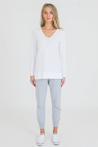 Leah V Neck Long Sleeve T Shirt - White