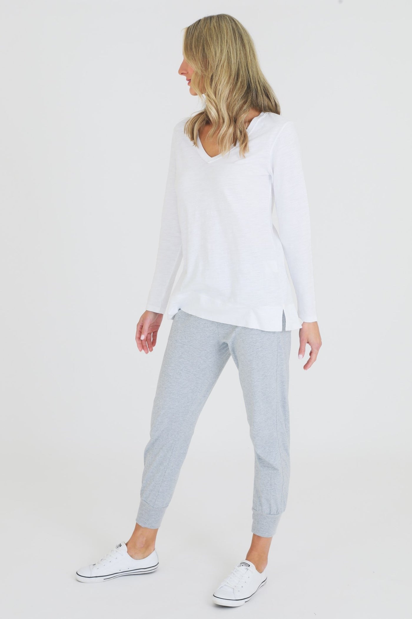 Leah V Neck Long Sleeve T Shirt - White