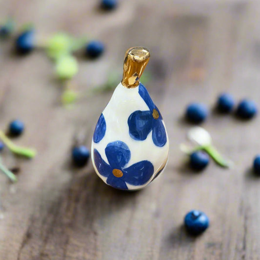 Medium Ceramic Pear with Golden Stalk - Blue Flower