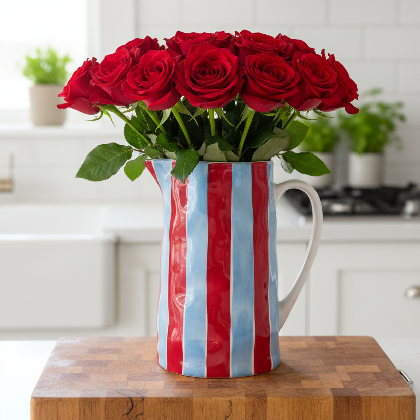 Medium Striped Jug - Cornflower Blue &amp; Red