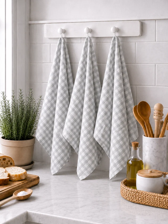 Pure French Linen Tea Towel - Ice Grey Gingham
