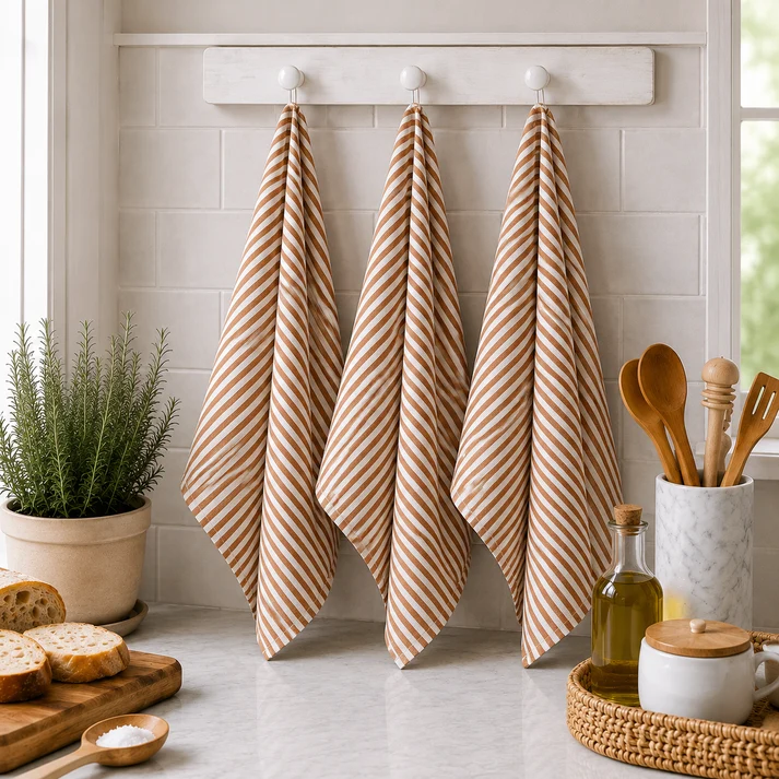 Pure French Linen Tea Towel - Tobacco Pinstripe