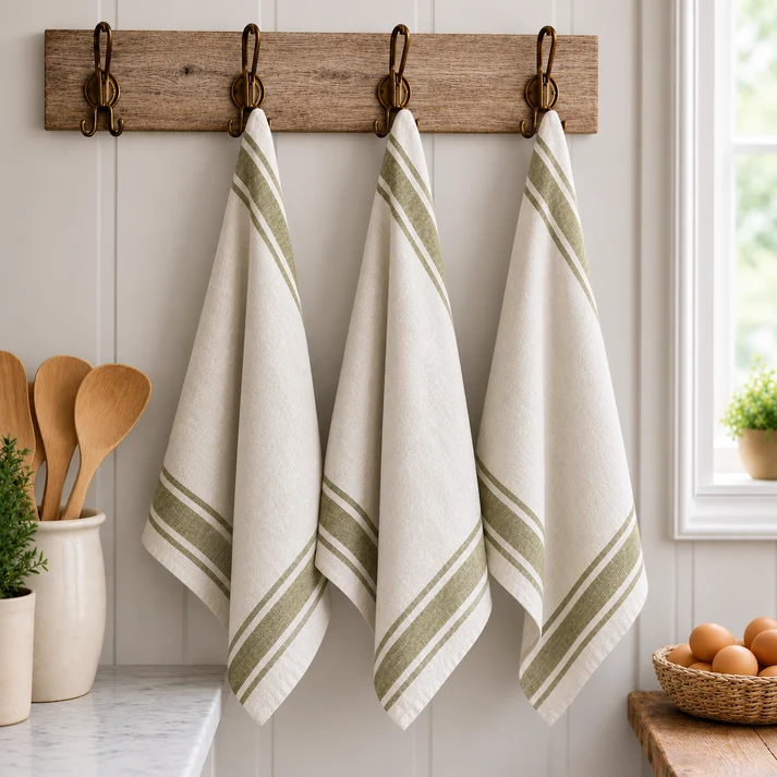 Pure French Linen Tea Towel - Vintage Stripe - Olive