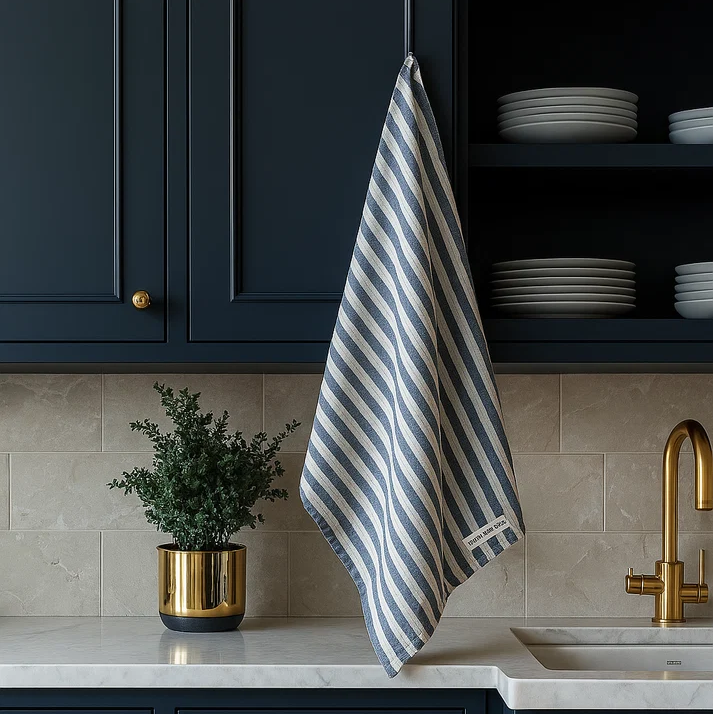Pure French Linen Tea Towel - Navy Stripe