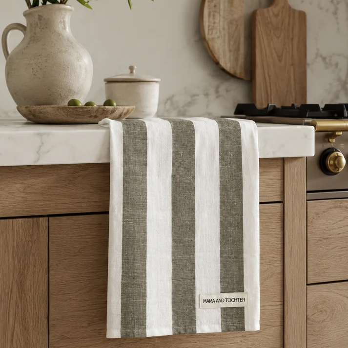 Pure French Linen Tea Towel - Wide Olive Stripe