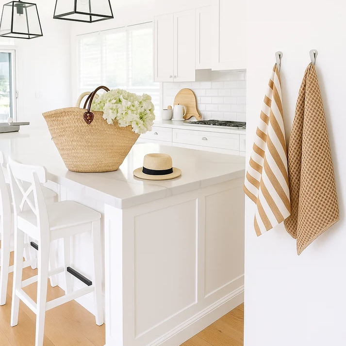 Pure French Linen Tea Towel - Wide Toffee Stripe