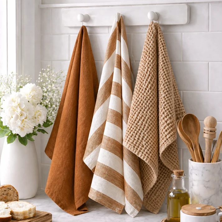 Pure French Linen Tea Towel - Wide Toffee Stripe