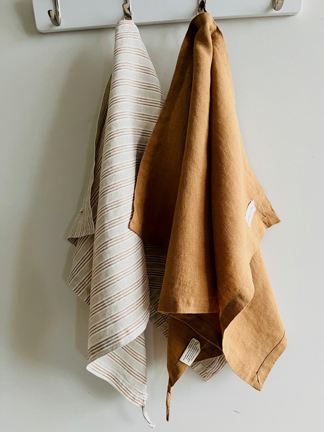Pure French Linen Tea Towel - Biscuit Stripe