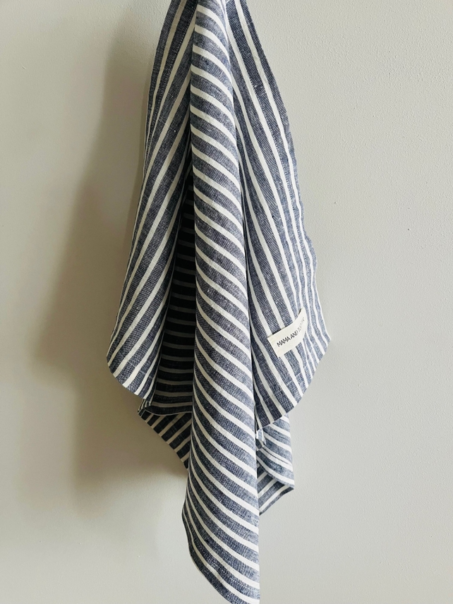 Pure French Linen Tea Towel - Blue Ticking