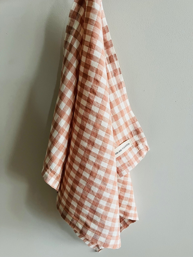 Pure French Linen Tea Towel - Blush Gingham