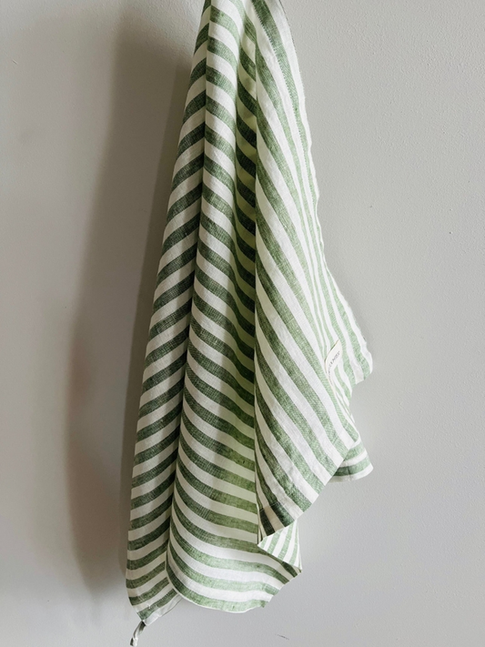 Pure French Linen Tea Towel - Celtic Green Stripe