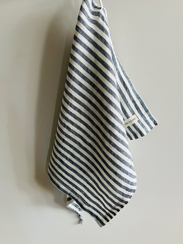 Pure French Linen Tea Towel - Navy Stripe