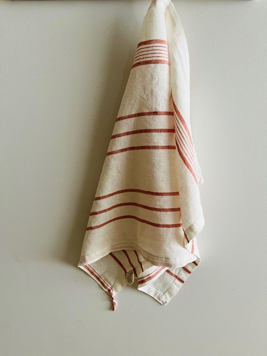 Pure French Linen Tea Towel - Rust Stripe