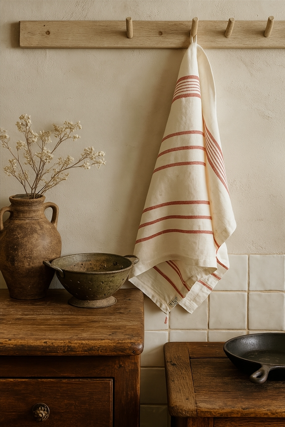 Pure French Linen Tea Towel - Rust Stripe