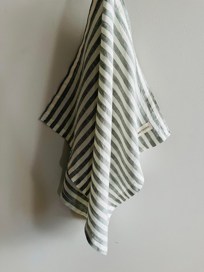 Pure French Linen Tea Towel - Sage Stripe