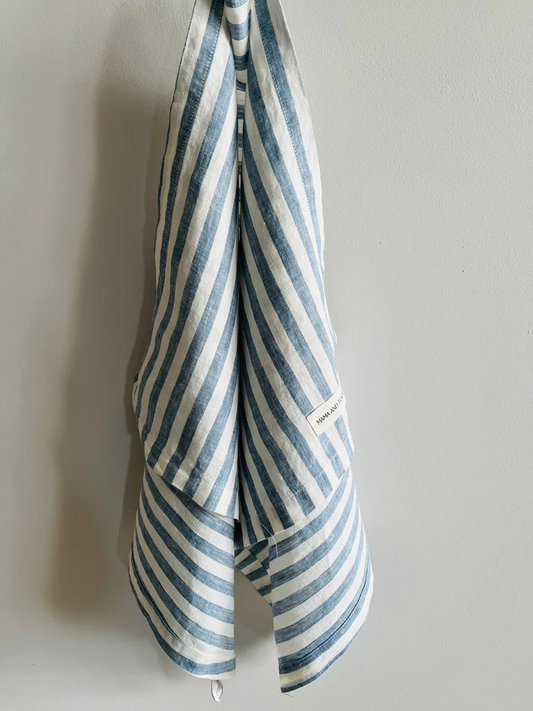 Pure French Linen Tea Towel - Stone Blue Stripe