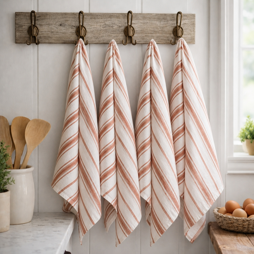 Pure French Linen Tea Towel - Terracotta Stripe