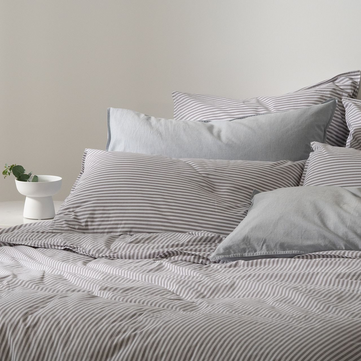 Modella Cotton Mini Stripe Quilt Cover Set (Double) - Grey