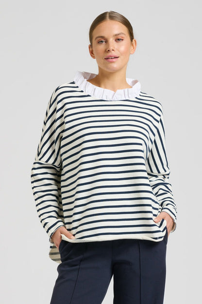 Raw Frill Neck Sweatshirt - French Navy & White