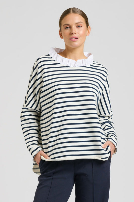 Raw Frill Neck Sweatshirt - French Navy & White