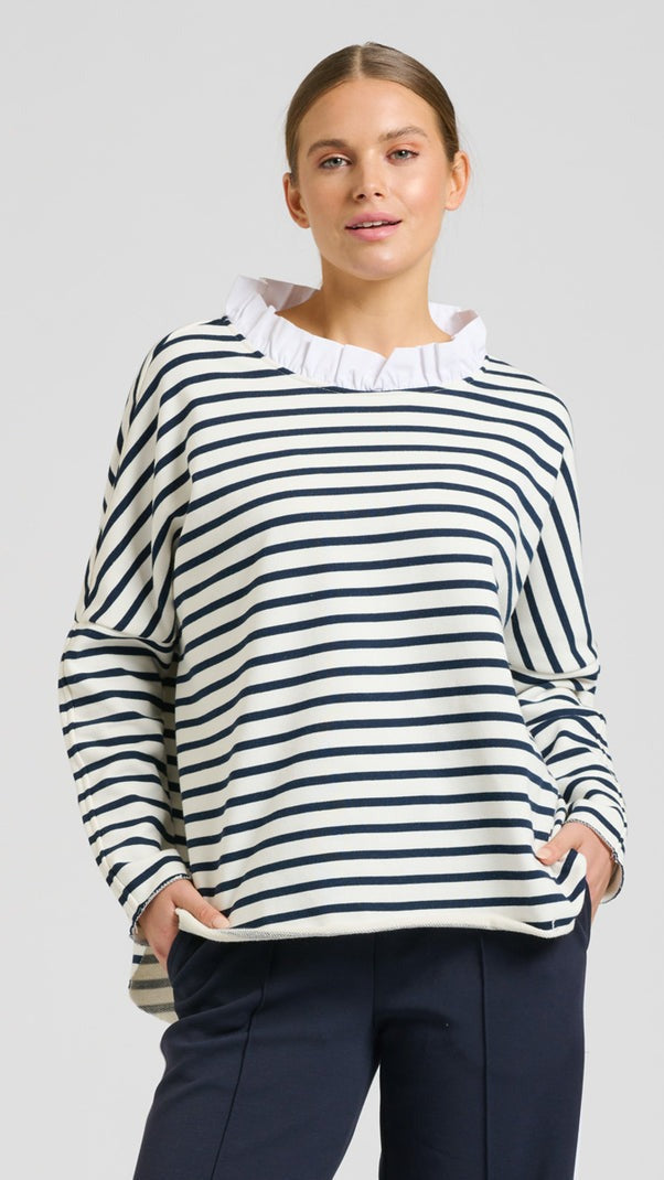 Raw Frill Neck Sweatshirt - French Navy &amp; White