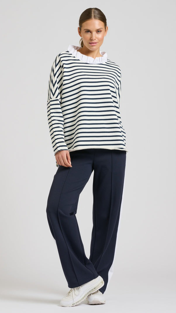 Raw Frill Neck Sweatshirt - French Navy &amp; White