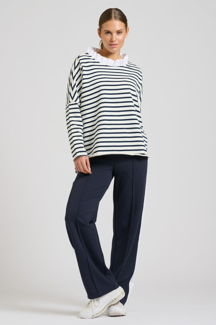 Raw Frill Neck Sweatshirt - French Navy & White