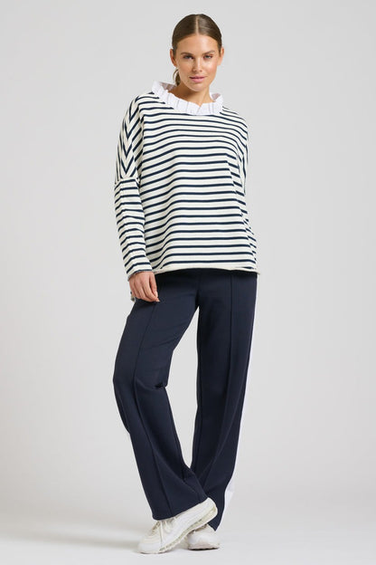 Raw Frill Neck Sweatshirt - French Navy & White