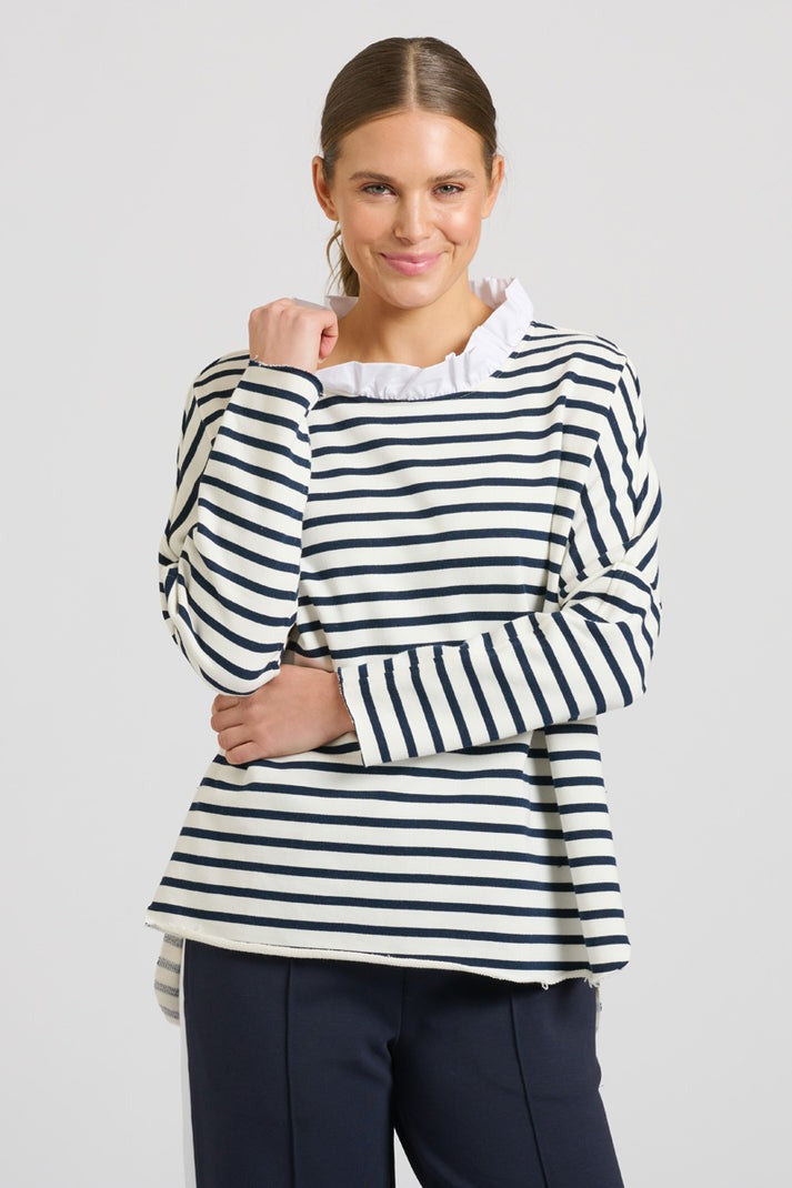 Raw Frill Neck Sweatshirt - French Navy & White