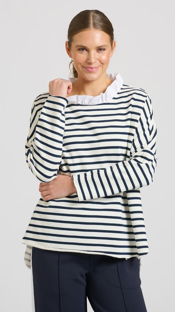 Raw Frill Neck Sweatshirt - French Navy &amp; White