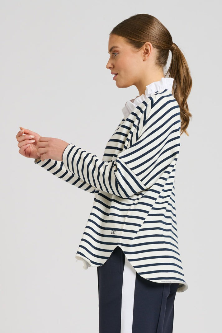 Raw Frill Neck Sweatshirt - French Navy & White
