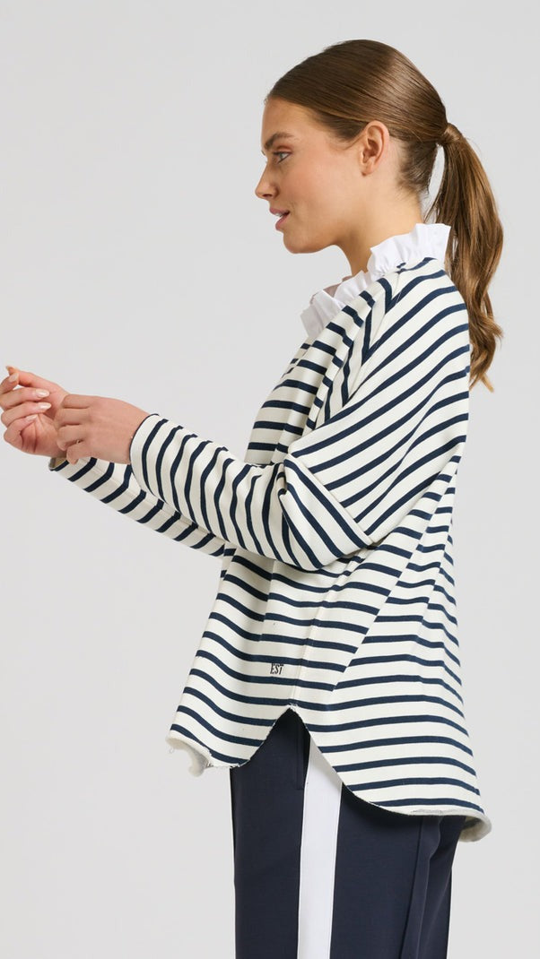 Raw Frill Neck Sweatshirt - French Navy &amp; White