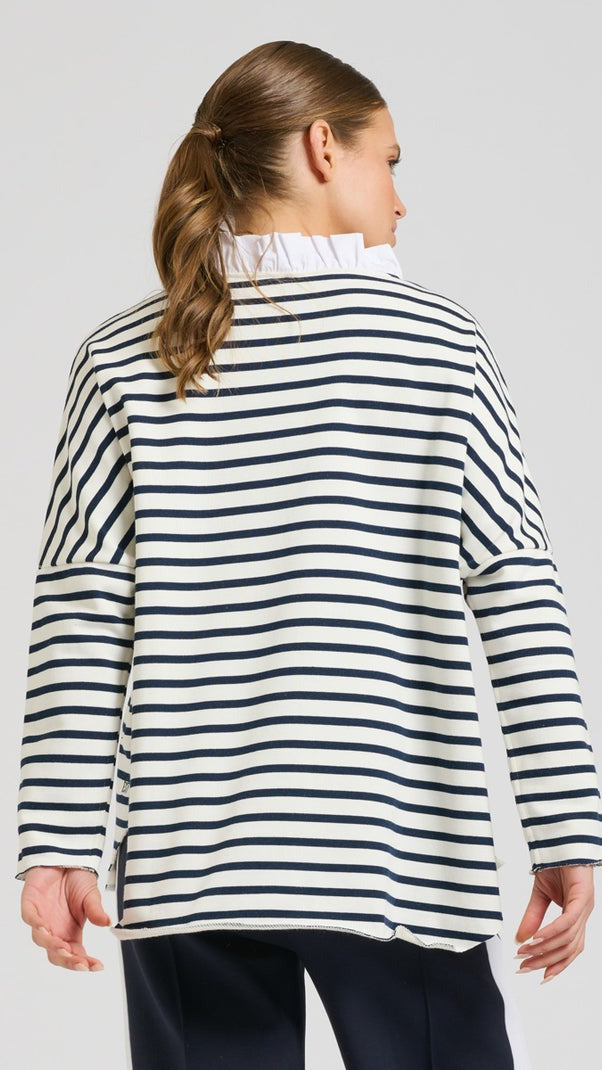 Raw Frill Neck Sweatshirt - French Navy &amp; White