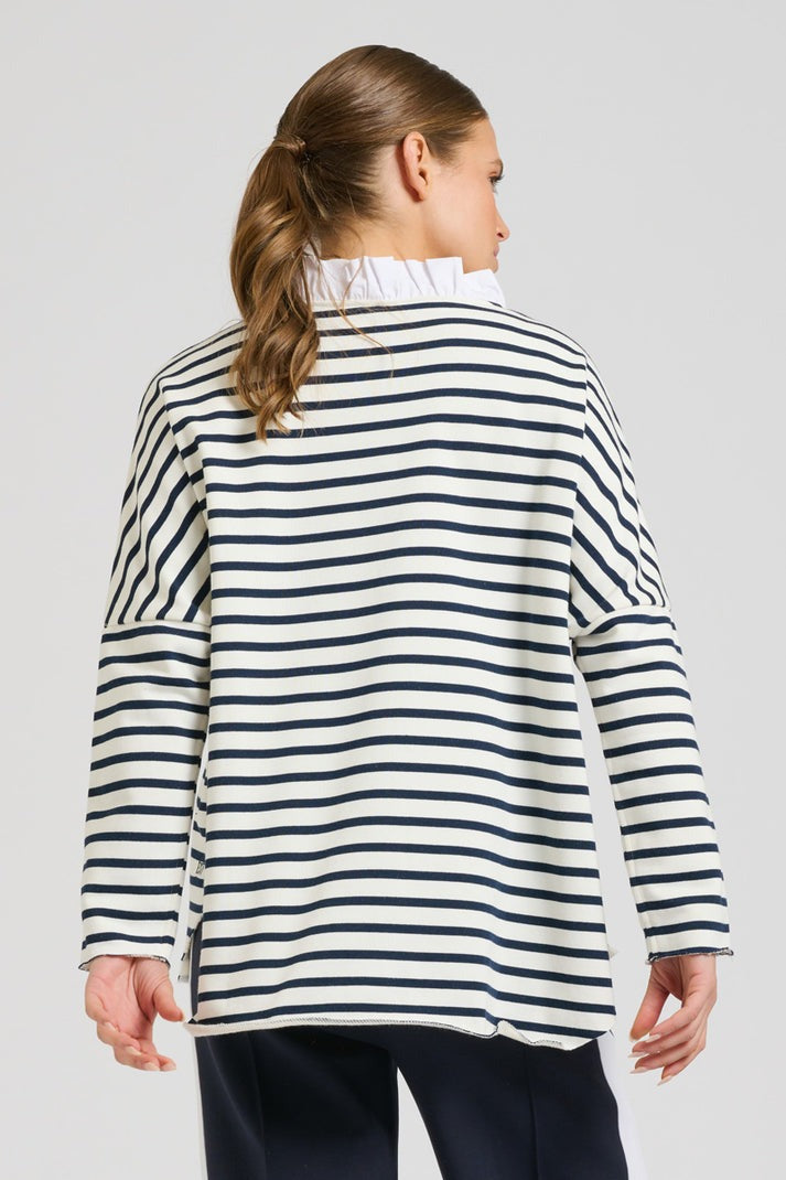 Raw Frill Neck Sweatshirt - French Navy & White