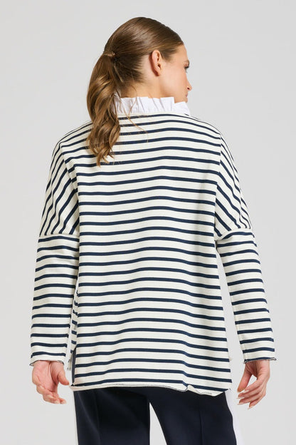 Raw Frill Neck Sweatshirt - French Navy & White
