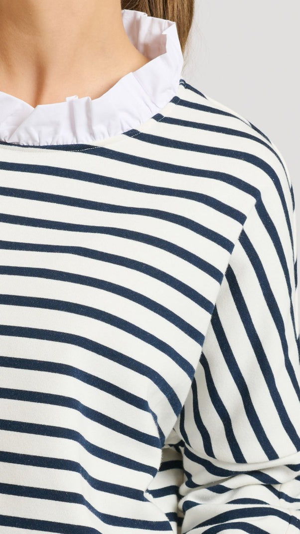 Raw Frill Neck Sweatshirt - French Navy &amp; White