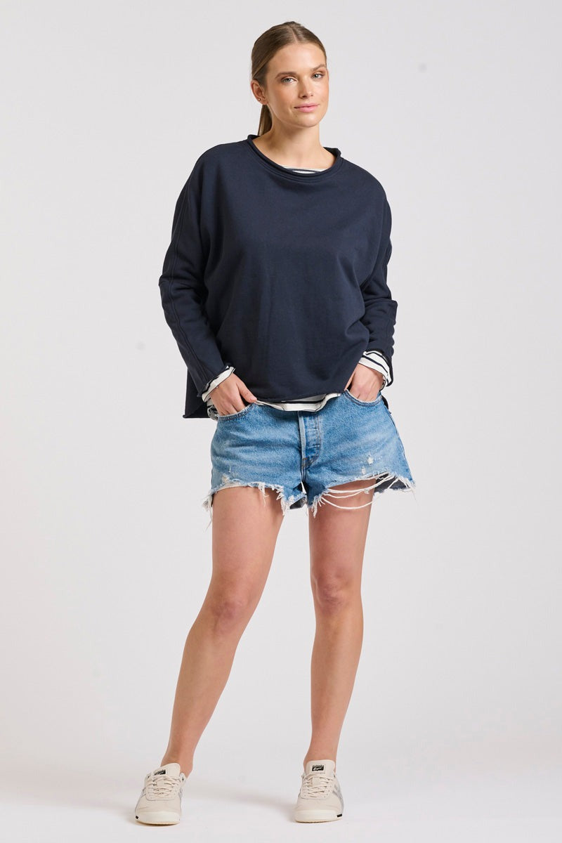 Raw Long Sleeve High-Low Sweatshirt - French Navy