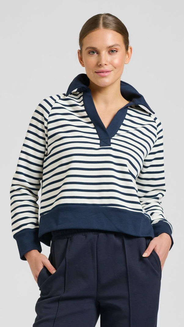 Rugby Cotton Crop Sweatshirt - French Navy Stripe