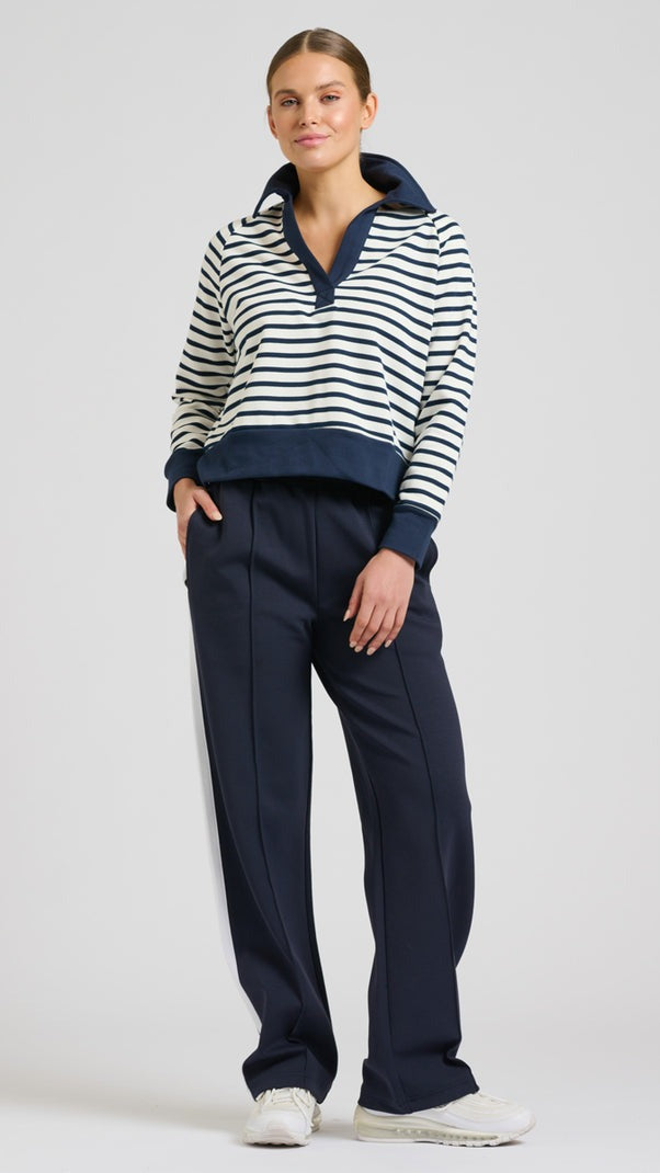 Rugby Cotton Crop Sweatshirt - French Navy Stripe