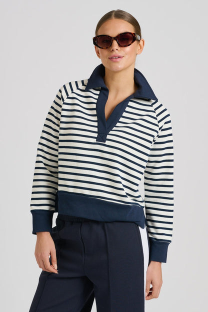 Rugby Cotton Crop Sweatshirt - French Navy Stripe