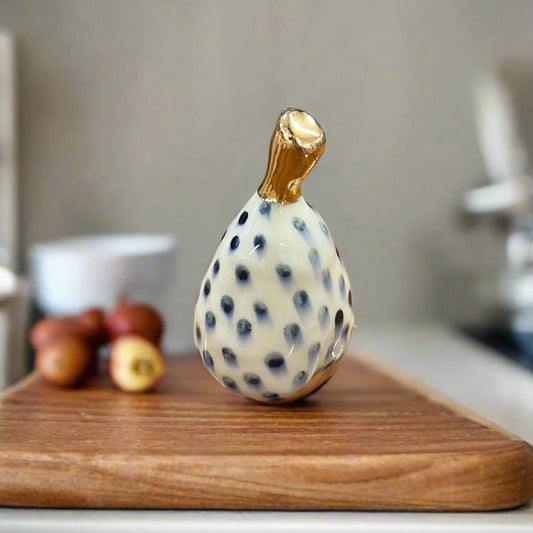 Small Ceramic Pear with Golden Stalk - Black Spot