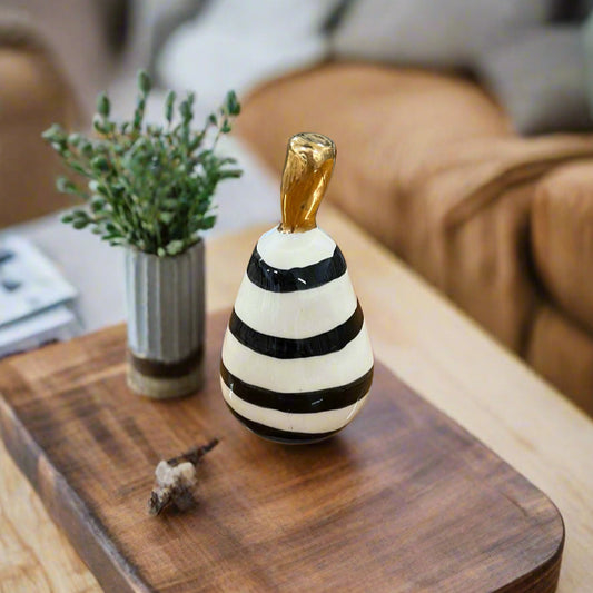 Small Ceramic Pear with Golden Stalk - Black Stripe