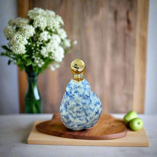 Small Ceramic Pear with Golden Stalk - Blue Pattern