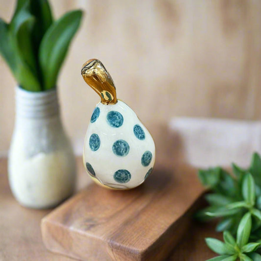 Small Ceramic Pear with Golden Stalk - Green Spot